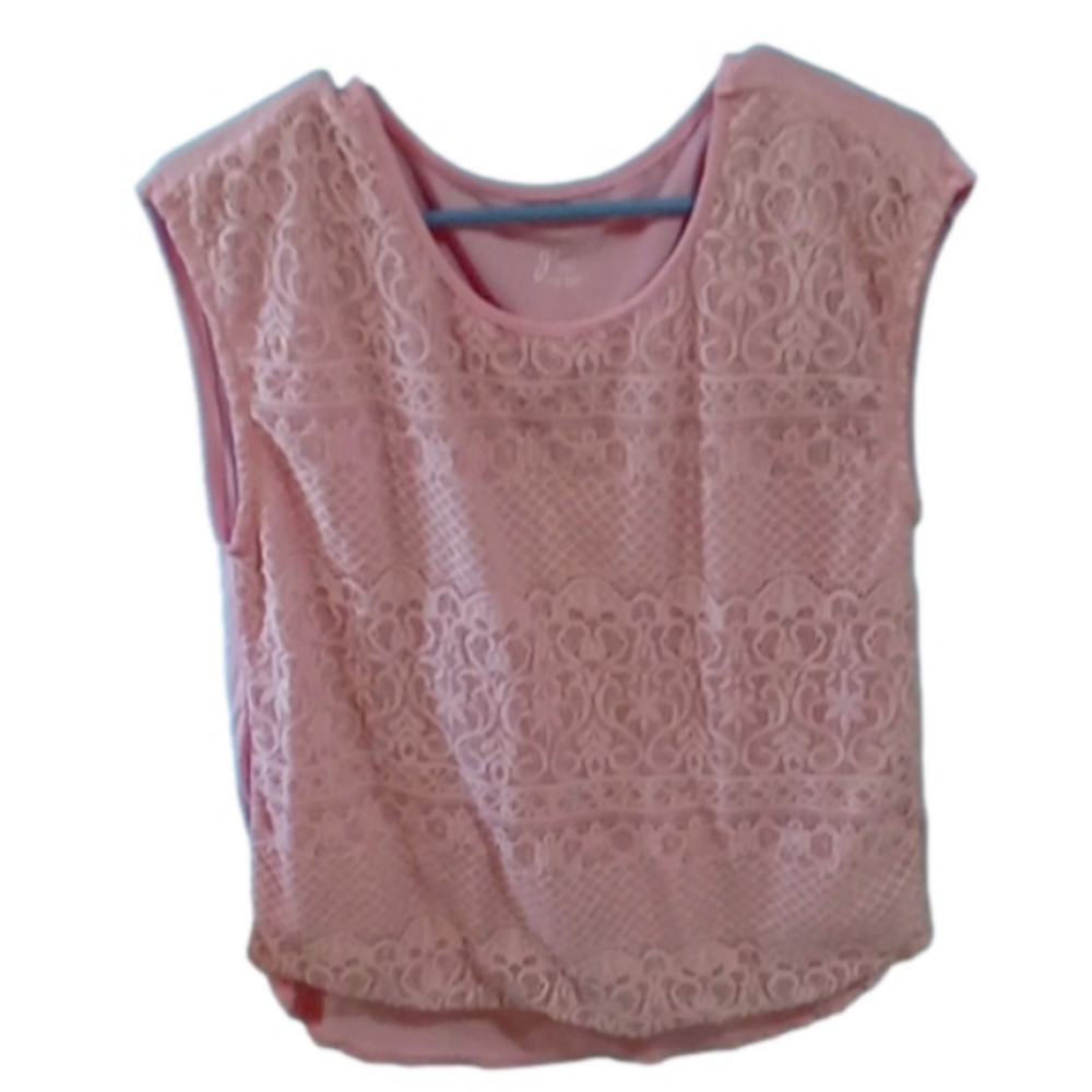 (324) Genu, pink & white lace top, sleeveless, summer top, size medium